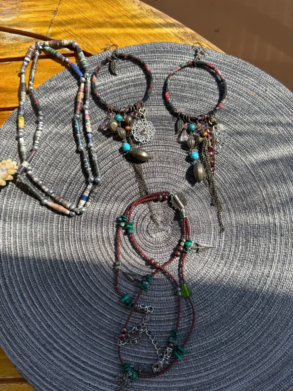 Boho Artisan Jewelry Set – 2 Beaded Necklaces + Statement Hoop Earrings